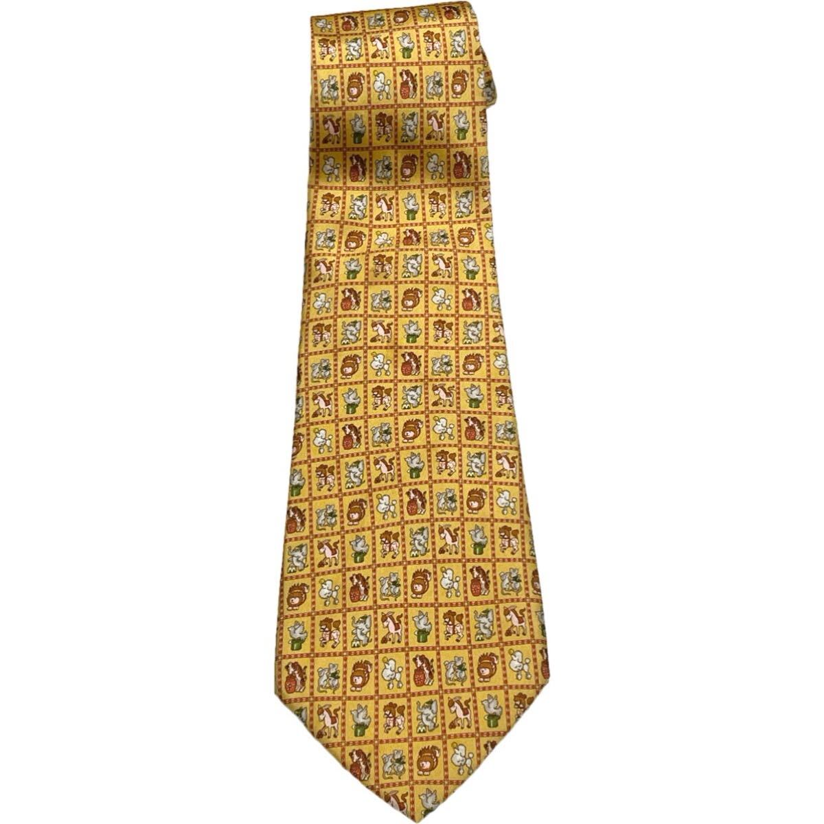 MADE IN ITALY製 Salvatore Ferragamo アニマル柄シルクネクタイ イエロー サルヴァトーレ フェラガモ イタリア製 ブランドネクタイ 黄色拍卖