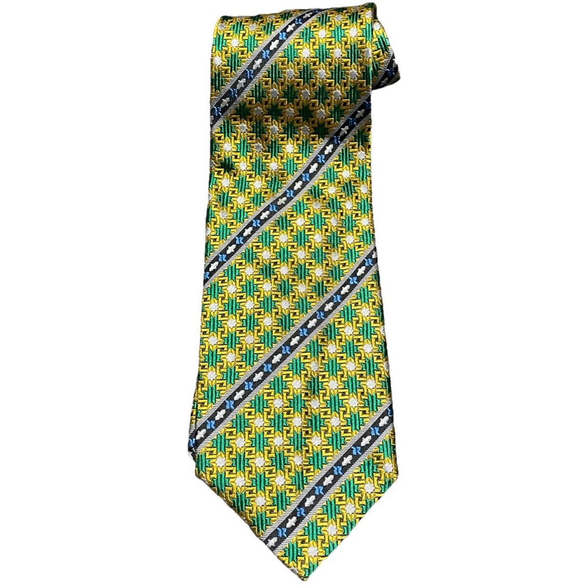 MADE IN ITALY製 GIANNI VERSACE ジャガード織り シルクネクタイ イエロ―×グリーン ジャンニヴェルサーチ イタリア製 ブランドネクタイ拍卖