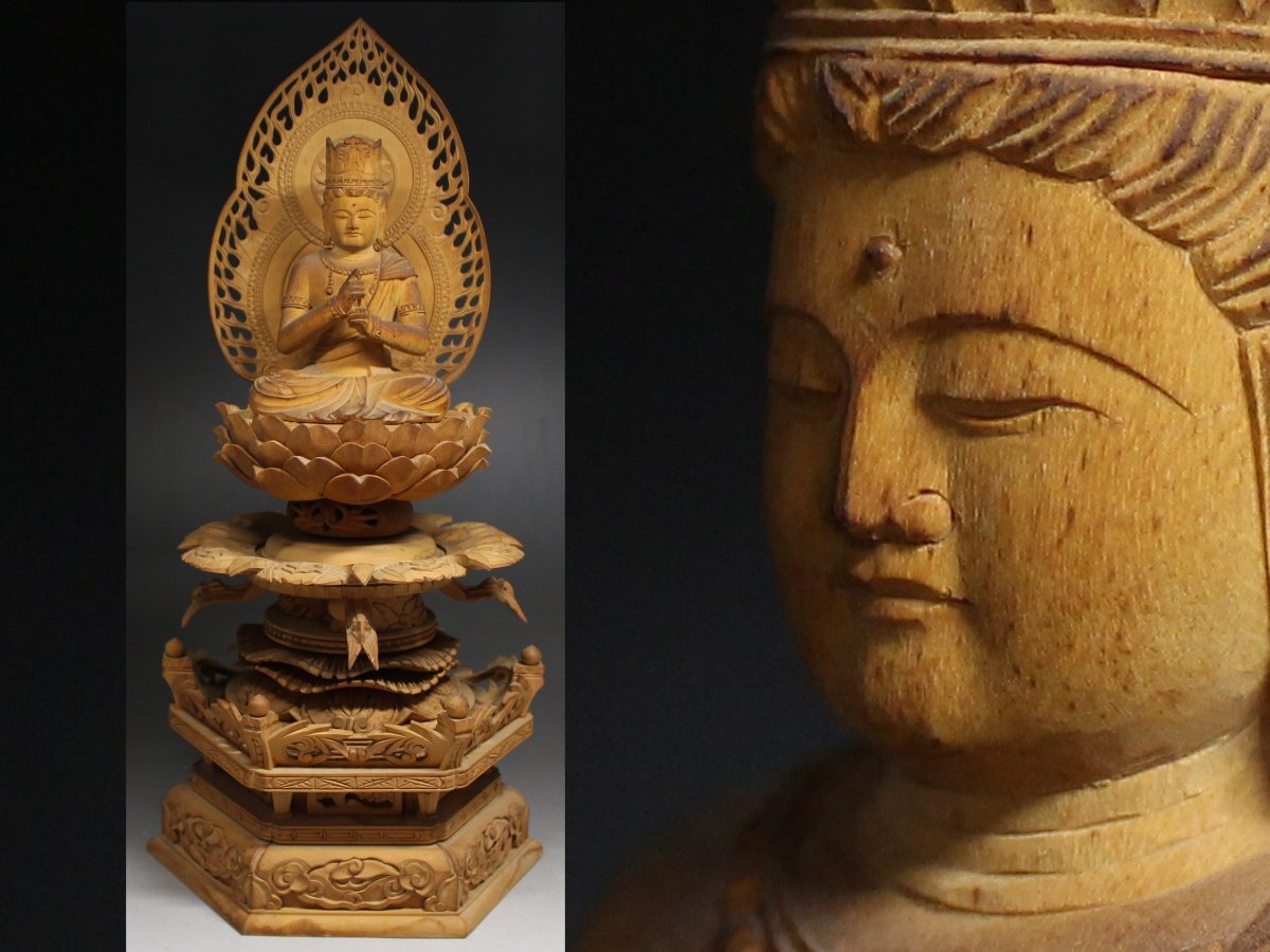◆木彫り・大日如来坐仏像・京型六角台・透光背・仏像・置物・超細密彫刻・検 黄楊木 檀木 桧木・高さ約33㌢◆a6186h拍卖