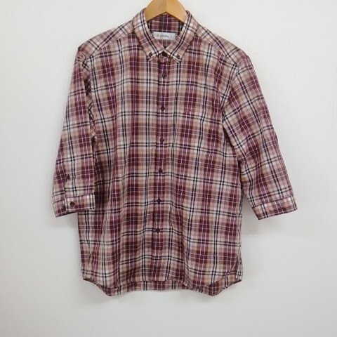 ★【古着】Golden Bear(ゴールデンベア) シャツ 長袖 茶赤ピンク白系チェック柄 七分袖 LLサイズ拍卖
