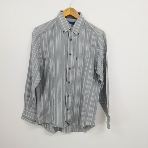 ★【古着】Golden Bear(ゴールデンベア) シャツ 長袖 グリーングレーホワイトストライプ柄 Mサイズ拍卖