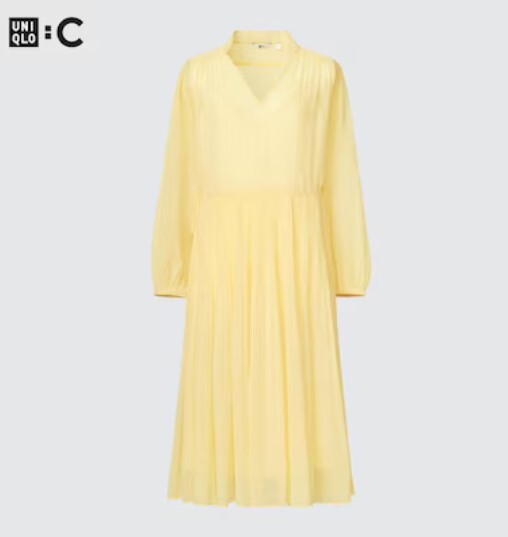 希少 新品 ユニクロ シフォンプリーツワンピース アンダースリップ付 色 イエロー サイズ XL 長袖 拍卖