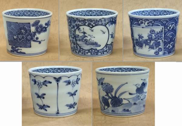 5個セット【即決】新作有田焼染付絵柄5柄蕎麦猪口 そばちょこ拍卖