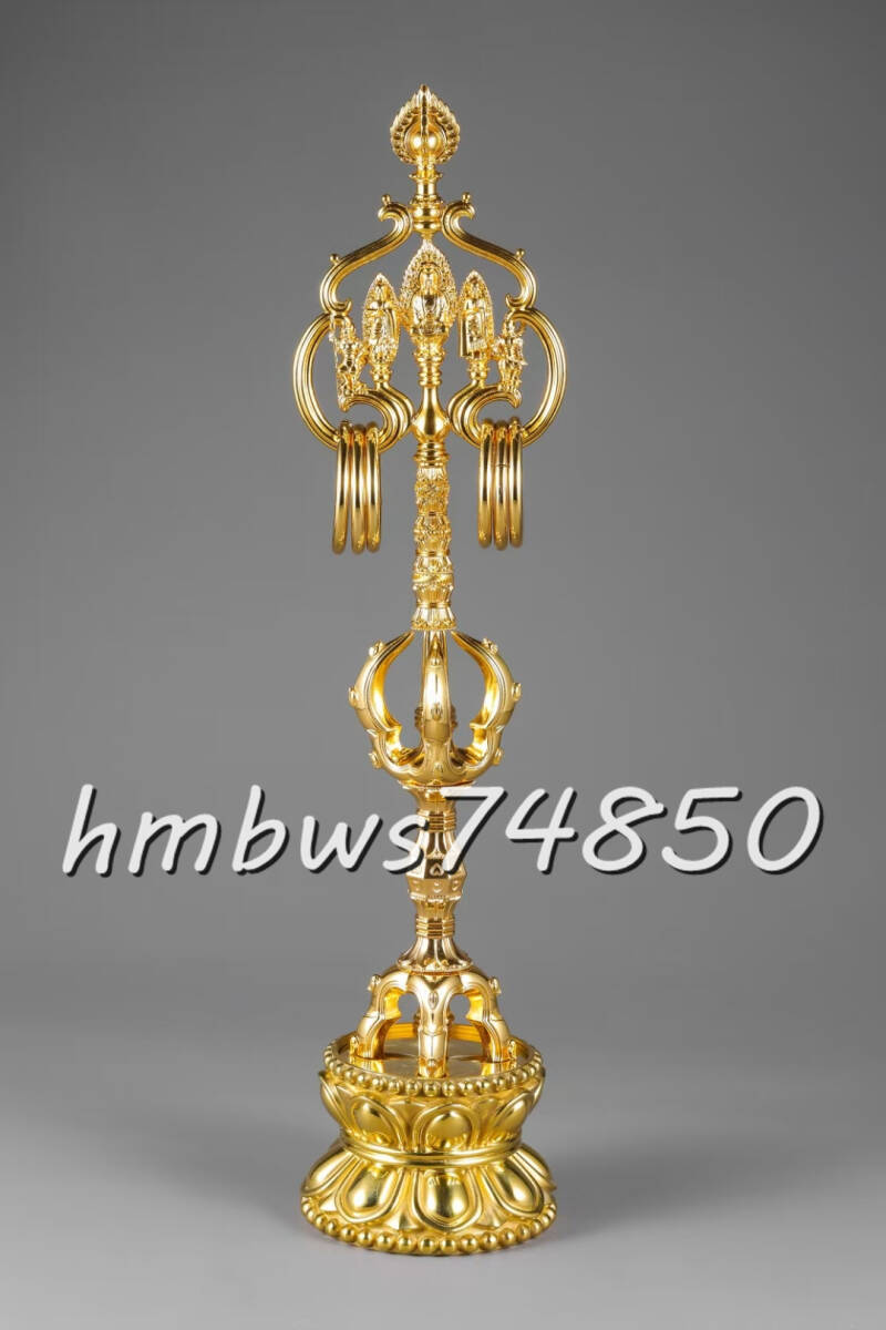 「密教法具 寺院仏具」戒壇三尊 五鈷型 錫杖 台座付 仏具 仏教 工芸品 真鍮製 金メッキ拍卖