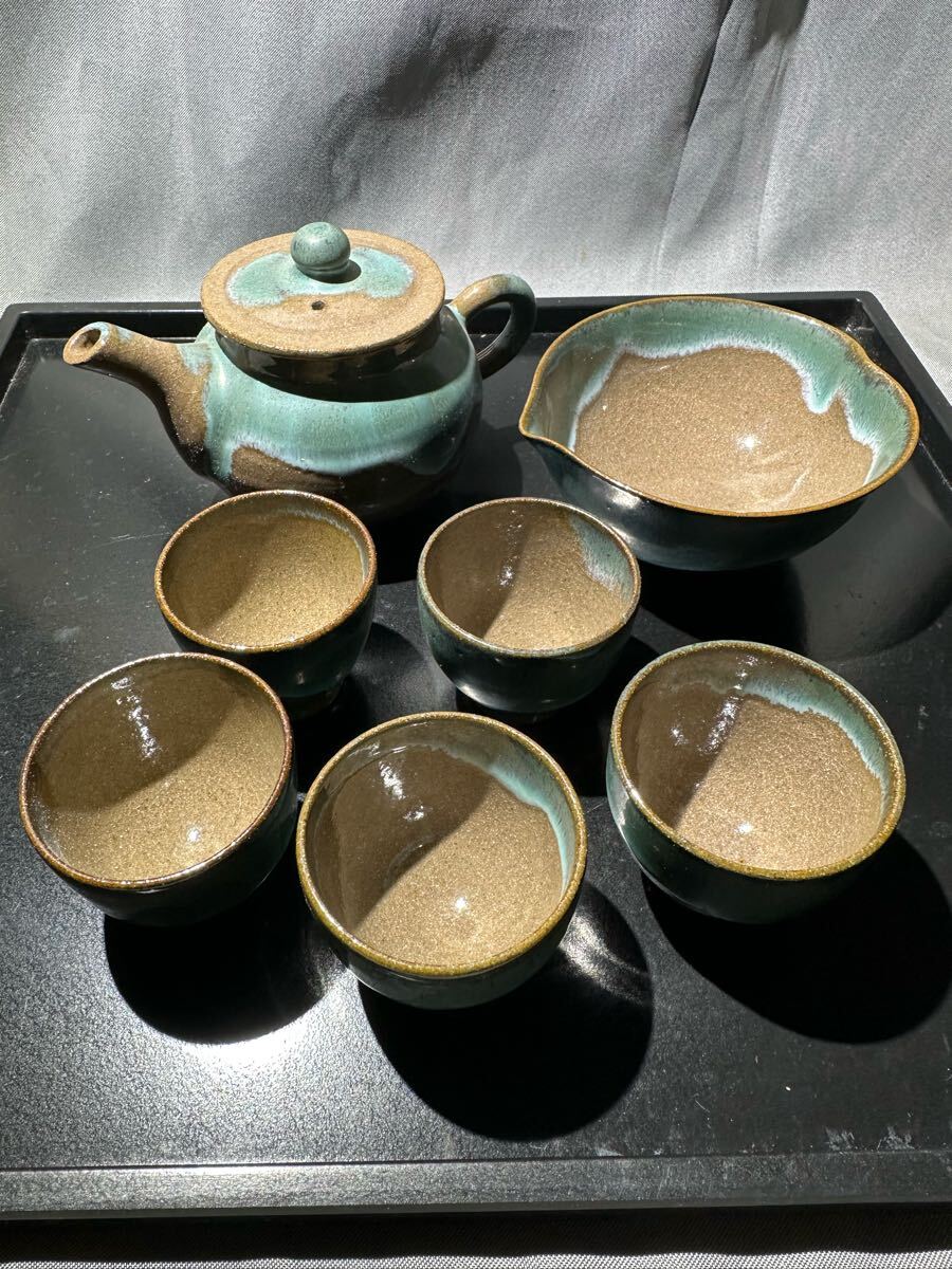 陶器製 上野焼 番茶器セット 急須+湯飲み5客+湯冷まし 煎茶器 茶道 和食器 未使用品拍卖