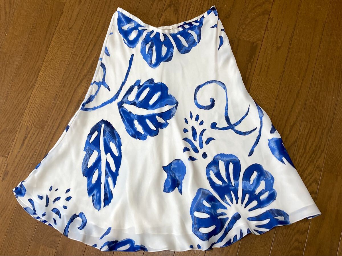 RALPH LAUREN COLLECTION ラルフローレン 最高峰 超高級 パープルレーベル シルク100% ロングスカート レディース / リーフ 総柄拍卖