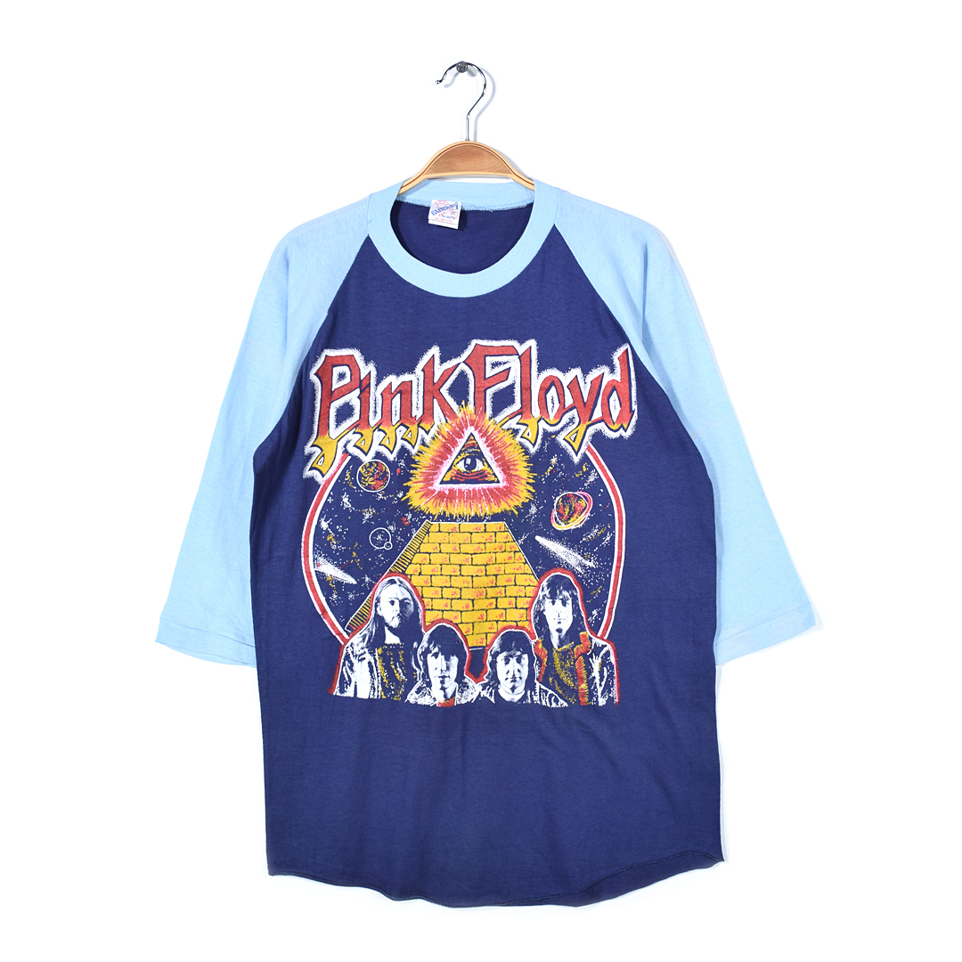 【送料無料】70s ピンクフロイド ヴィンテージロックシャツ ネイビー ライトブルー プロビデンスの目 プログレ PINK FLOYD L相当 @AAD1039拍卖