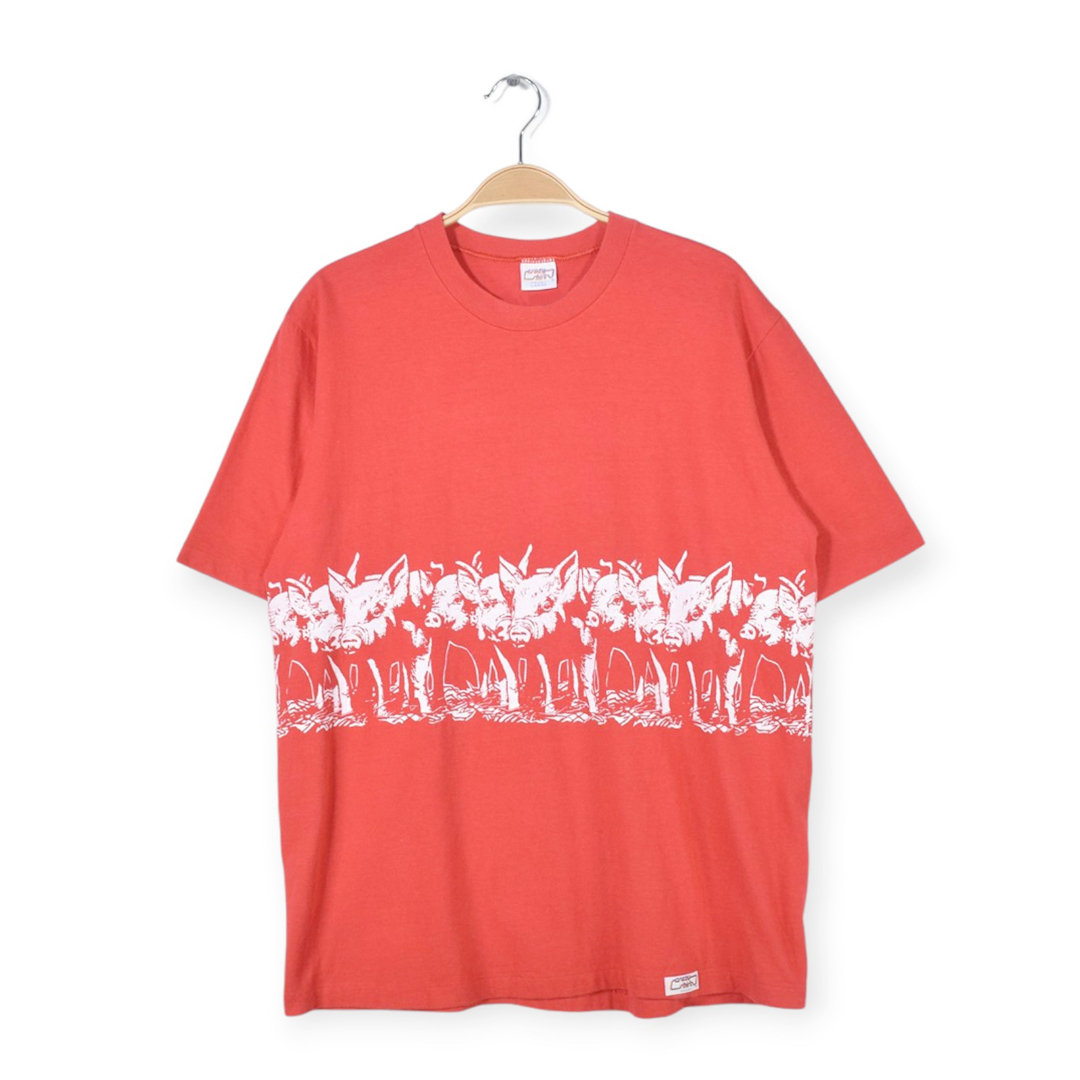 【送料無料】80s クレイジーシャツ USA製 ヴィンテージTシャツ 豚 ピッグ アニマルプリント レッド メンズL シングルステッチ 古着 @BZ0411拍卖