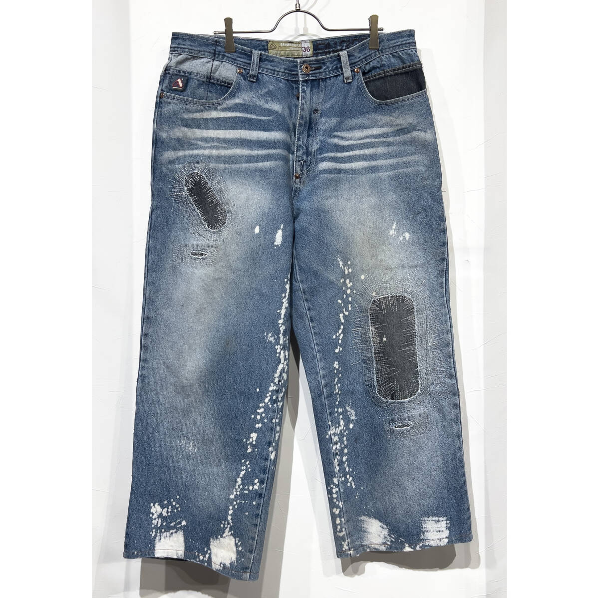 W36(実寸86cm) / AKADEMIKS アカデミクス Y2K ワイド ストレート デニム ジーンズ M 股下63cm ハーフパンツにも ブリーチ ダメージ 古着拍卖