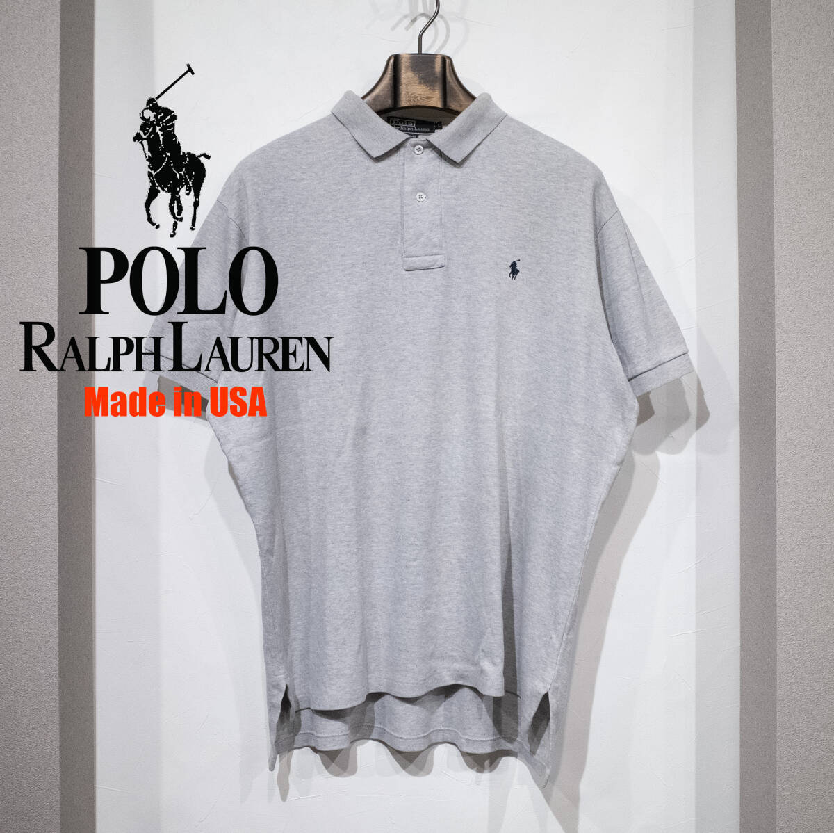 【アメリカ製】L / 80s 90s POLO by RALPH LAUREN ラルフローレン コットン 半袖 ポロシャツ グレー Made in USA 古着 ネイビーポニー刺繍拍卖