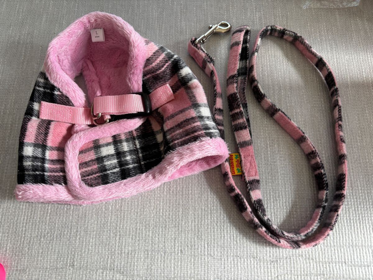 【新品】犬用 胴輪 ハーネス Lサイズ ピンクチェック ハーネス・リードセット拍卖