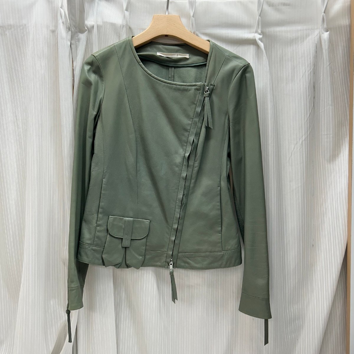 &M& SCHUMACHE シューマッハ ライダースジャケット レザー ジャケット M グリーン アウター レディース ファッション 服 中古品 &H-250505拍卖