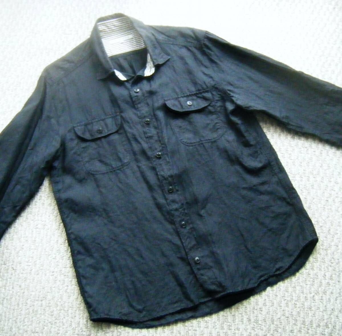 ☆ユナイテッドアローズ グリーンレーベルリラクシング☆麻シャツ ロールアップ袖 七分丈 ブラック Lサイズ拍卖