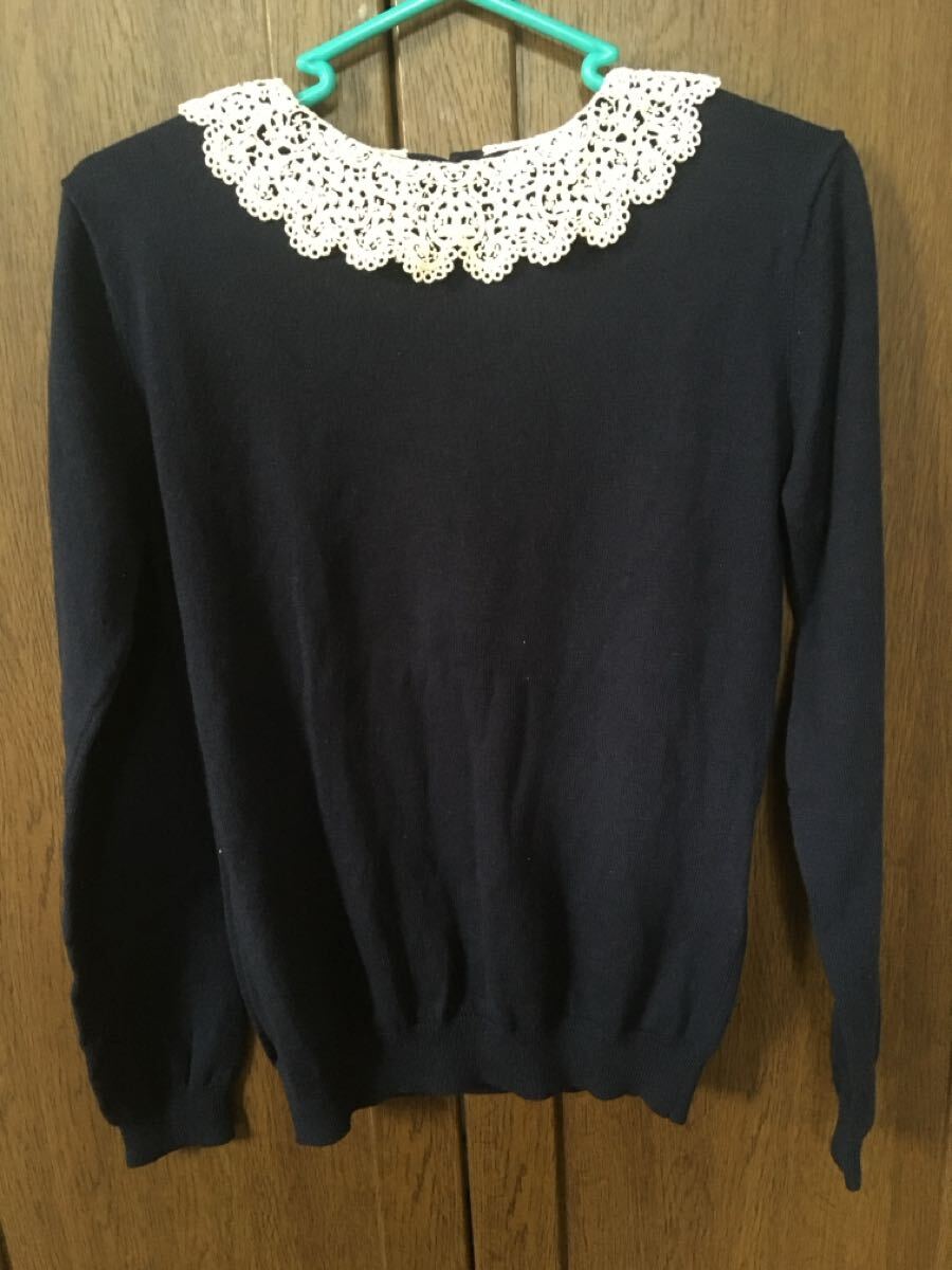 フェリシモ トップス ニット S 襟レース ネイビー 未着用 ニット 長袖 ネイビー拍卖