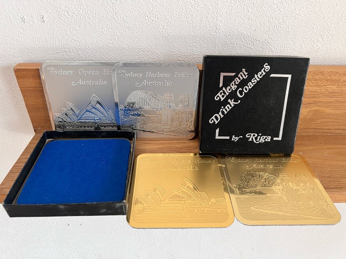 【DrinkCoaster by Riga】金属板金&銀コースター8枚 9.3cm四方 紙箱 オーストラリア・リガ制作 シドニー・ハドソン川&オペラハウス風景画拍卖