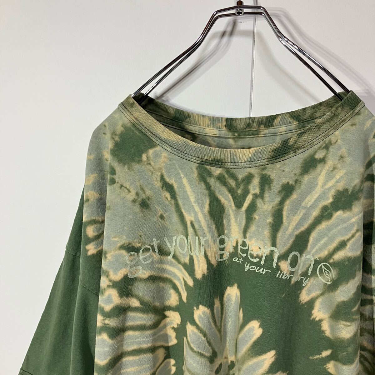 古着 プリント アート クルーネック 半袖 Tシャツ 大きいサイズ 一点物 グリーン ブルーグレー ベージュ拍卖