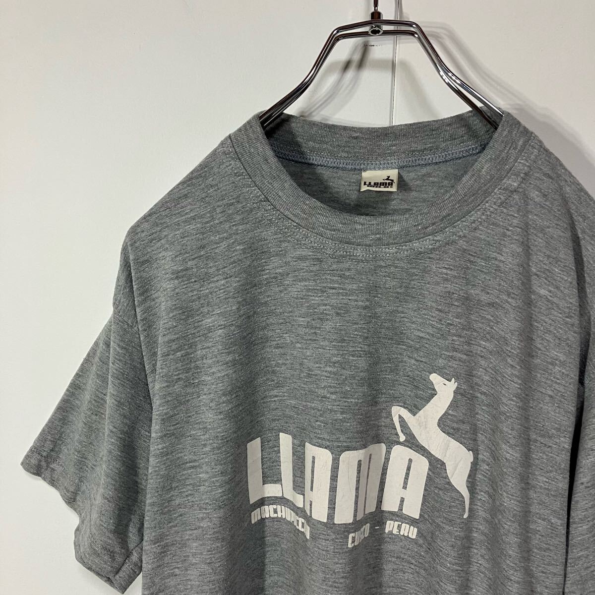 古着 ラマ アニマル プリント クルーネック 半袖 Tシャツ 杢グレー拍卖