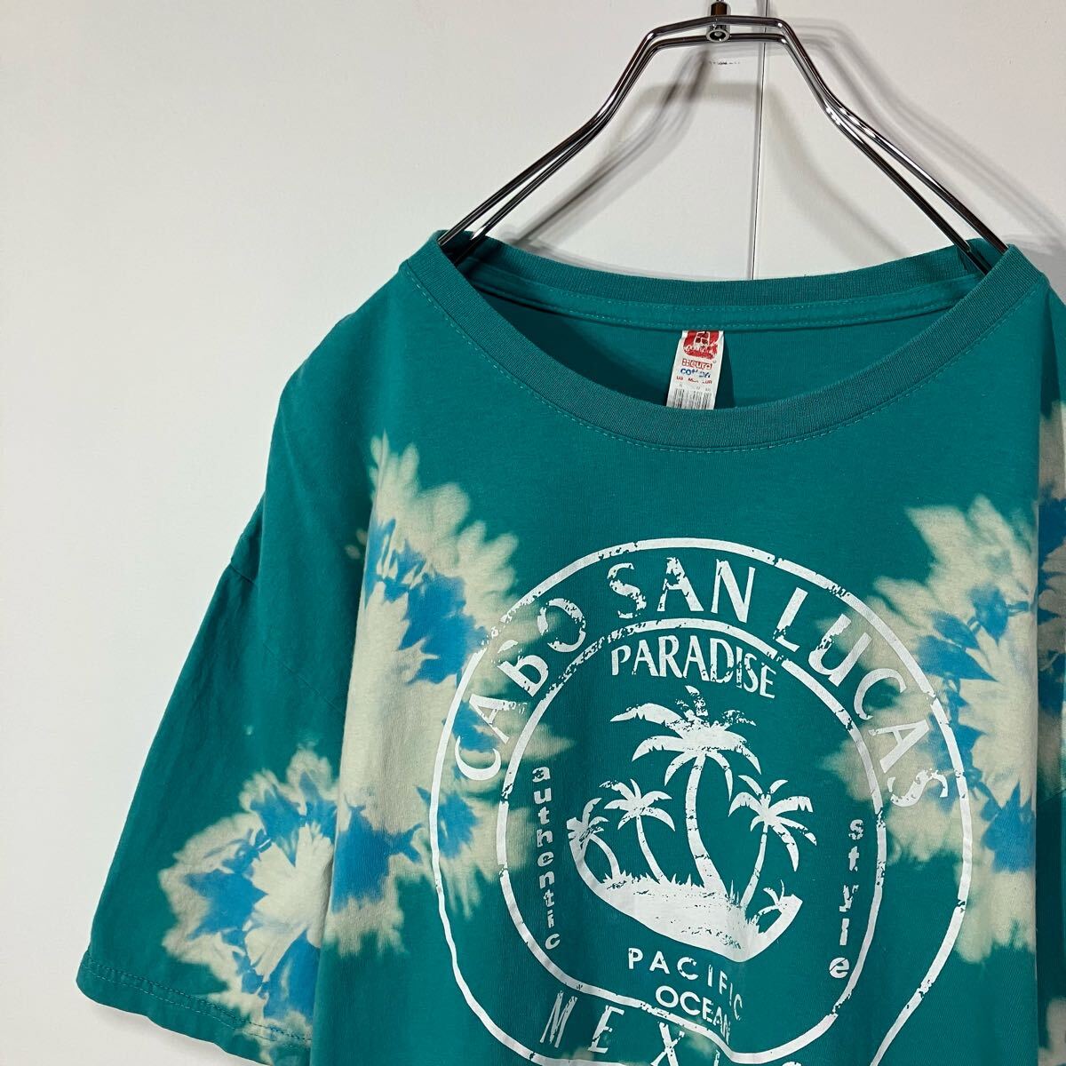 古着 プリント アート クルーネック 半袖 Tシャツ 大きいサイズ 一点物 ブルーグリーン ブルー ライトグリーン XL拍卖