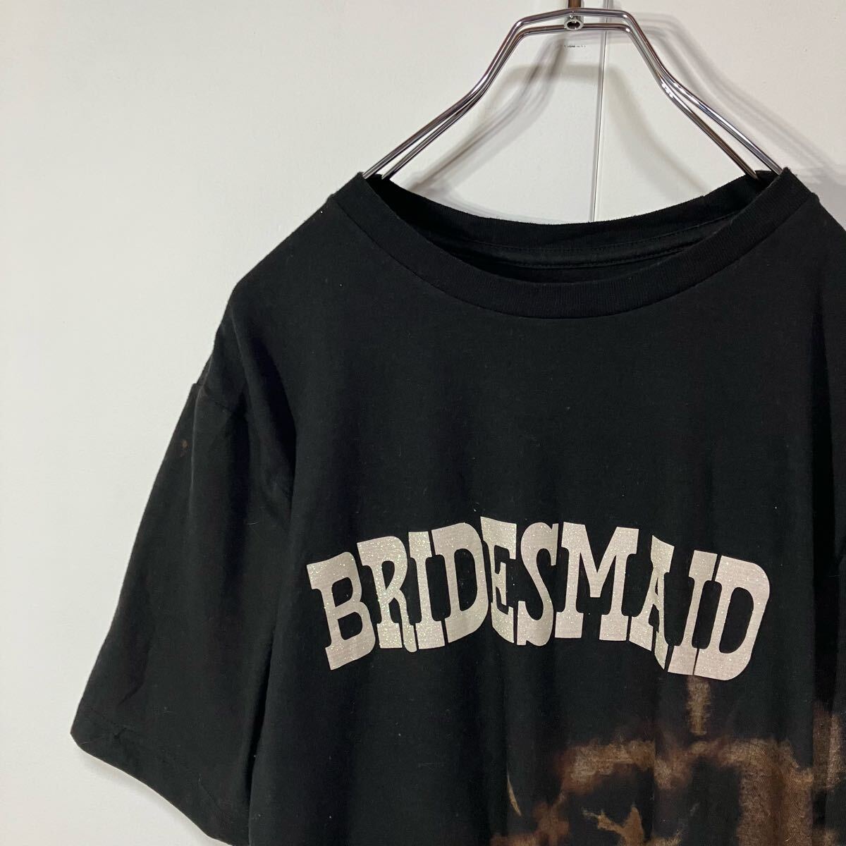 古着 ラメ プリント アート クルーネック 半袖 Tシャツ 一点物 ブラック ブラウン L拍卖