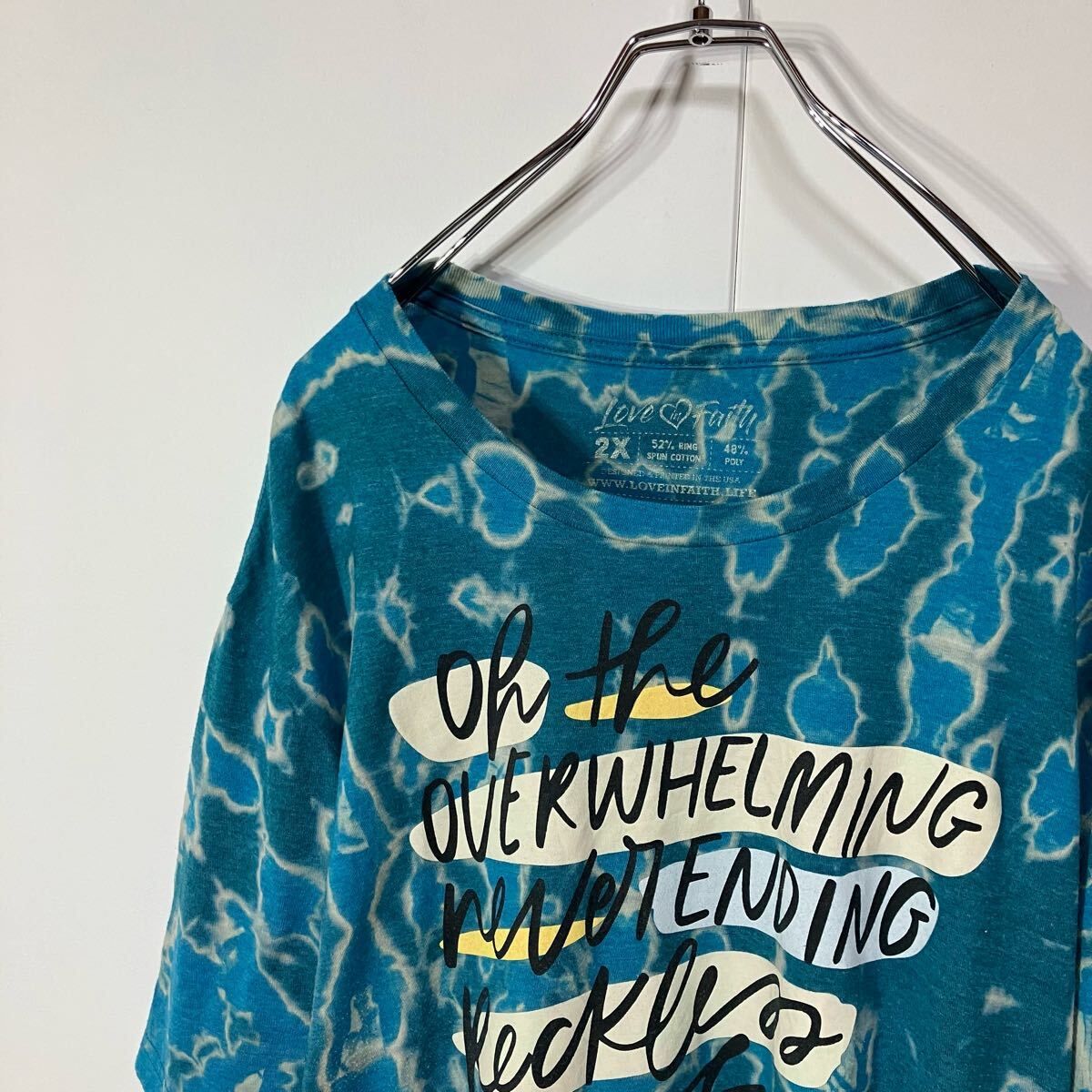 古着 アート プリント クルーネック 半袖 Tシャツ 大きいサイズ 一点物 ブルーグリーン ブルー ベージュ 2X拍卖