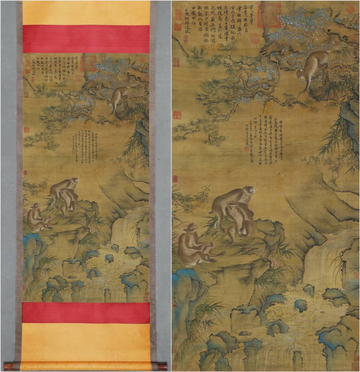 古美術 掛け軸 中国・宋時代 「李安忠書」 絹本 【飛瀑霊猴図】 立軸 書道 巻き物 肉筆保証 唐物 古画 画心130x67cm LT-2505154拍卖