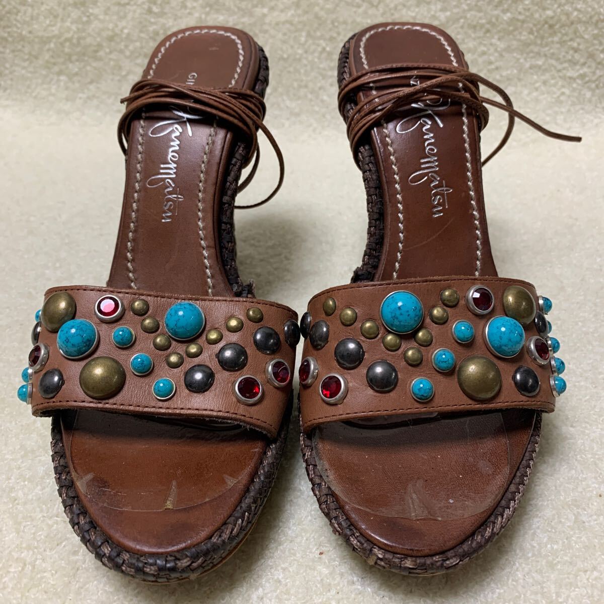 銀座 かねまつ Kanematsu アンクルストラップ ヒールサンダル ブラウン 22.5㎝ヒール約9㎝拍卖