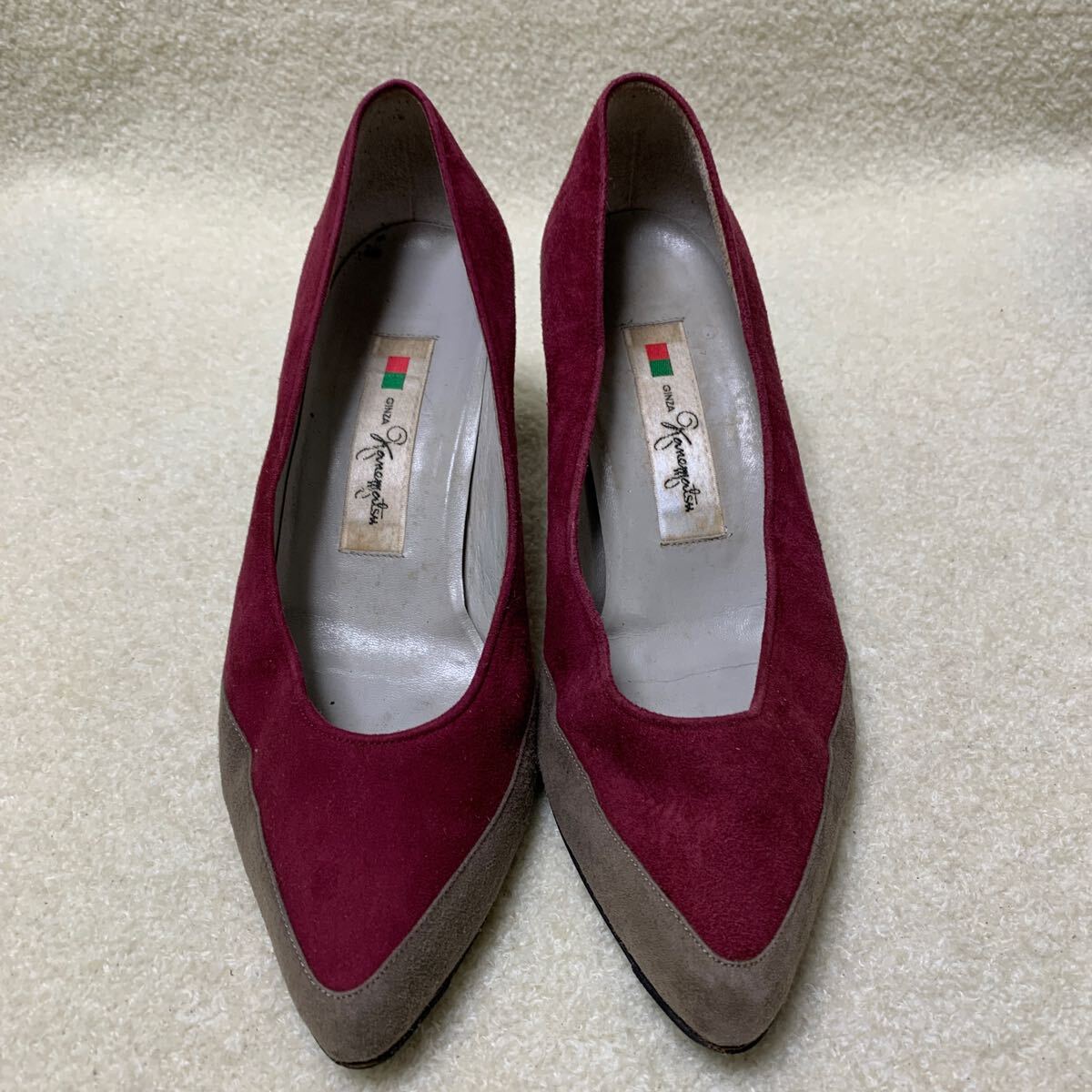 銀座かねまつ ヒールパンプス スウェード ワインレッド&ブラウン 23㎝ヒール約6㎝拍卖
