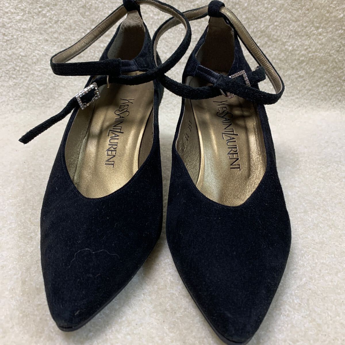 イブサンローラン YSL バックストラップヒールパンプス スウェード ブラック 22.5㎝ヒール約7㎝ 美品拍卖