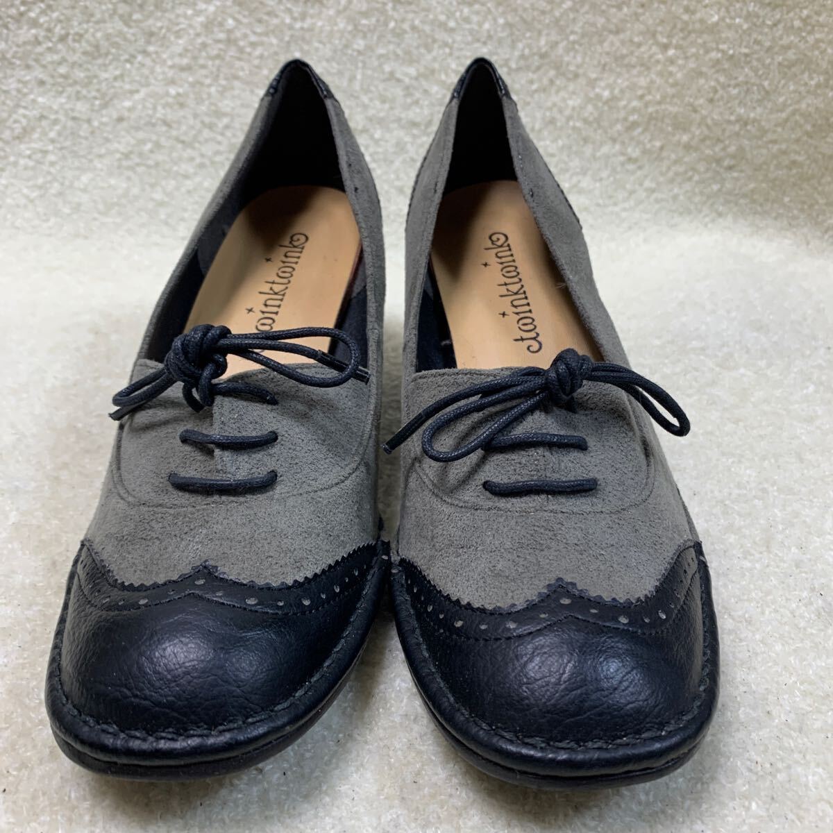 twinktwink 日本製 レディースビジネスシューズ スウェードX本革 グレー&ブラック 22.5㎝ヒール約6㎝ 美品拍卖