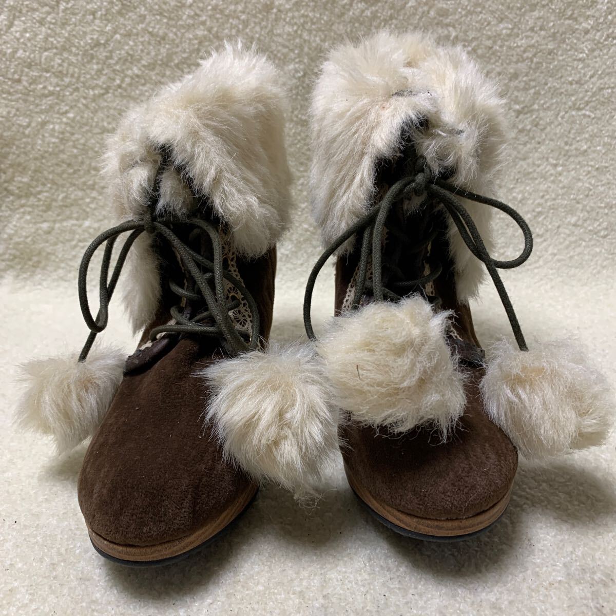 ミスエドウィン Miss.EDWIN レディースショートブーツ 防寒ボア ブラウン 内ファスナー 23㎝ヒール約7.5㎝拍卖