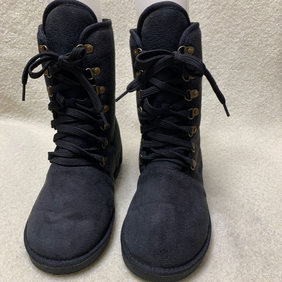 ブランド不詳 レースアップ ムートン ショートブーツ ブラック 24㎝ 美品拍卖