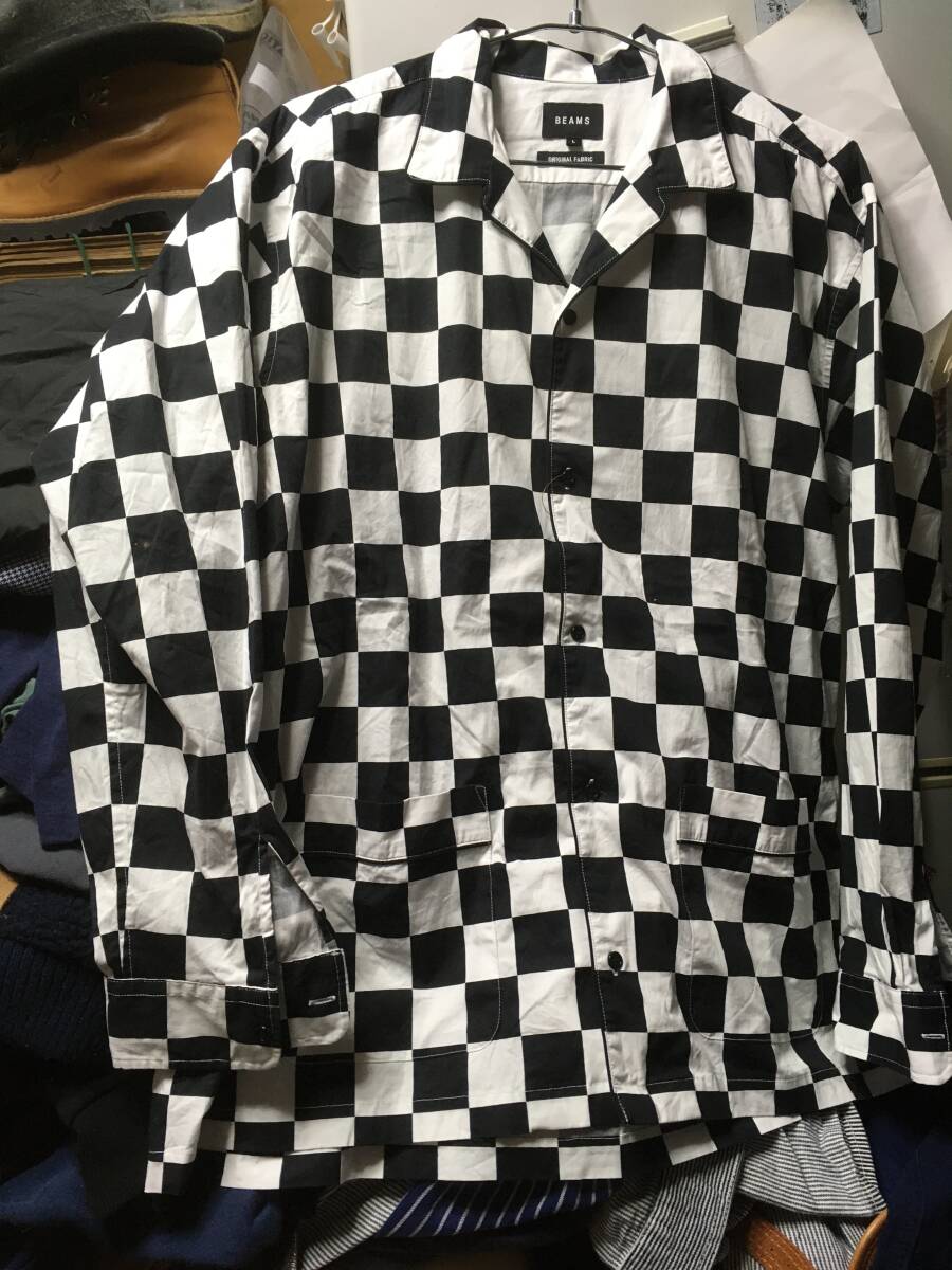 2505ビームスBEAMSチェッカー総柄ストレッチ シャツ ジャケットL市松模様モノトーンMONOチェック ブロックチェック拍卖