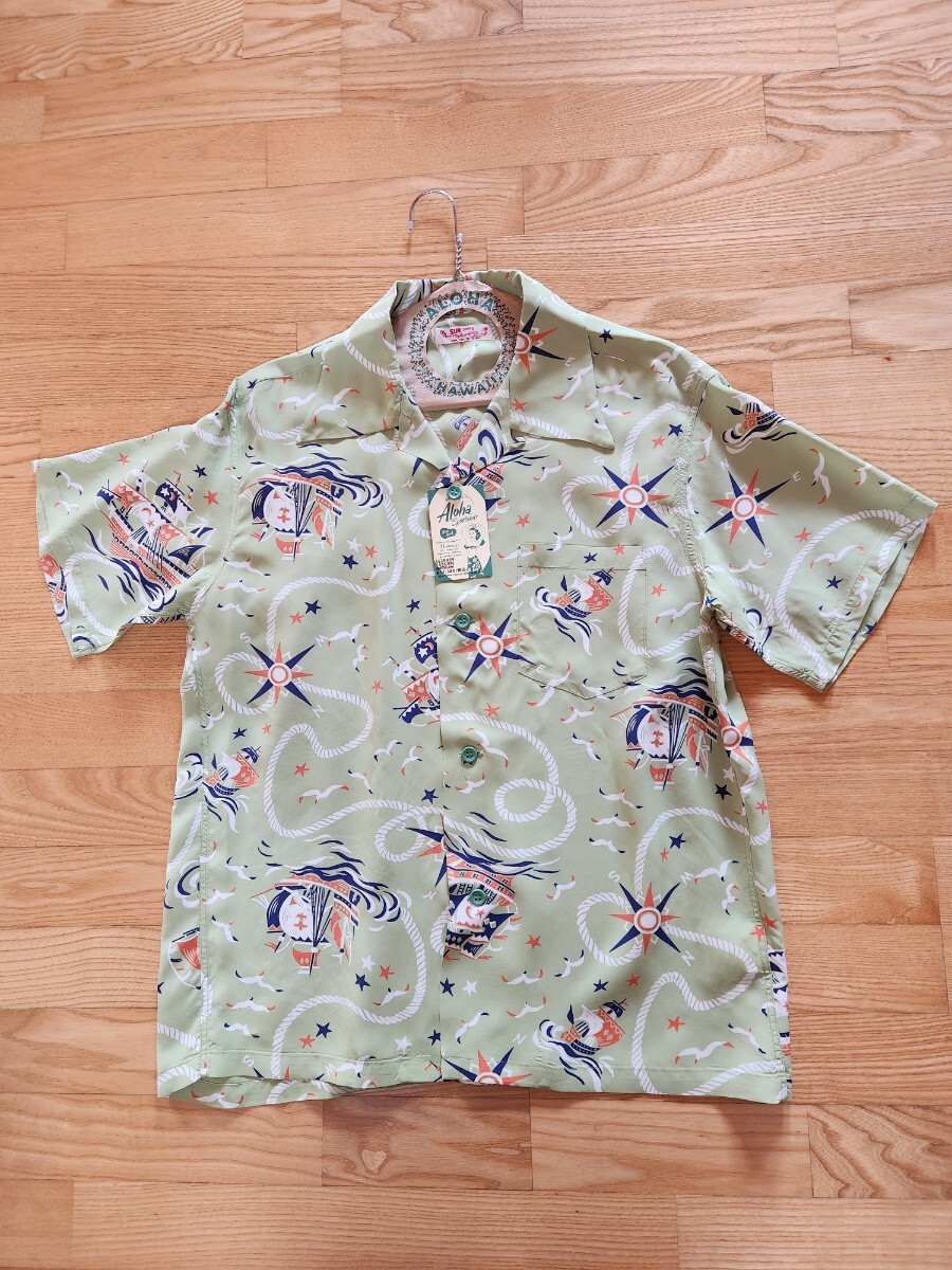新作 送料込★東洋 SUN SURF サンサーフ SS39429 RAYON HAWAIIAN SHIRT AGE OF DISCOVERY 半袖アロハシャツ グリーン M拍卖