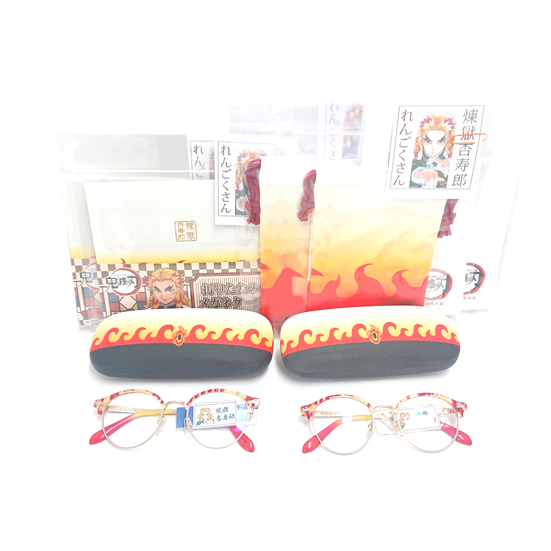 鬼滅の刃 煉獄杏寿郎 メガネ PCメガネ 兼用 折りたたみケース 眼鏡拭き巾着 店内展示品 未使用 おまけ付き PS5 ヒノカミ血風譚 店内ポップ拍卖