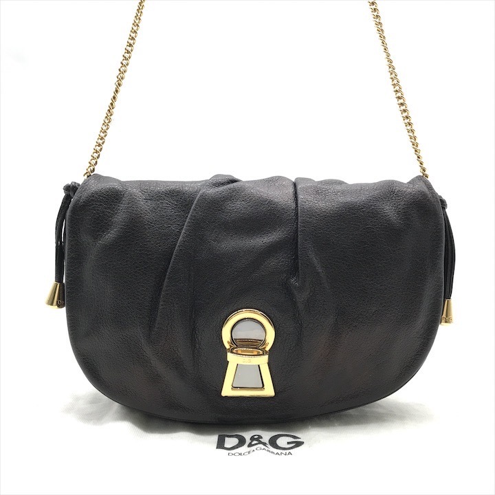 美品 DOLCE&GABBANA ドルチェアンドガッバーナ レザー ブラック チェーン ショルダー バッグ 斜め掛け レディース ブランド かばん k5387拍卖