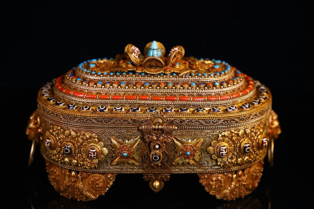 ▼渡鶴羽▼E7240清時代 仏教古美術 チベット密教 銀製鏨刻象嵌宝石 天珠宝箱 ★細密細工★廃寺旧蔵★廃寺買出品拍卖