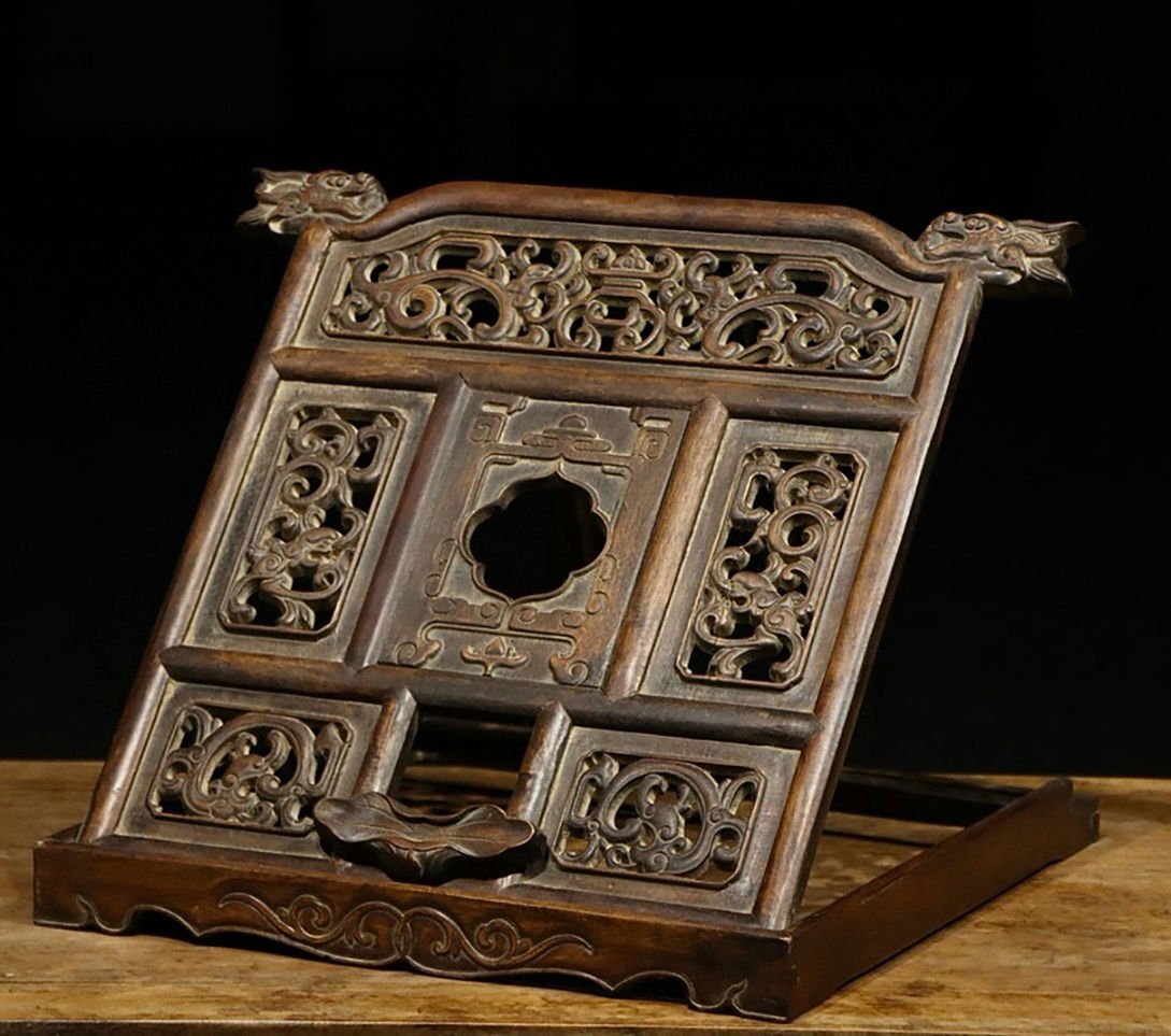 ▼渡鶴羽▼A9391清時代 黄花梨書架 黄花梨木細密彫 超絶技巧 高手すり 旧蔵家具 珍品旧蔵 古家具拍卖