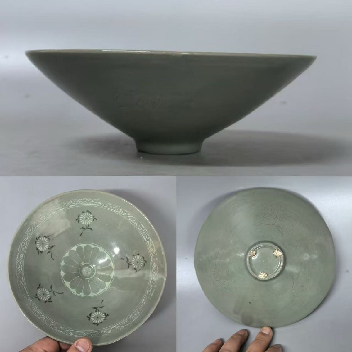 ▼渡鶴羽▼W8167コレクター放出 朝鮮古美術 高麗磁 李朝時代 古高麗 高麗青磁花卉紋斗笠盞拍卖