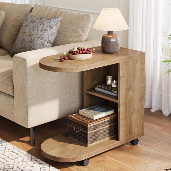 【移動も自在なコの字型サイドテーブル】 コの字テーブル キャスター付きサイドテーブル ソファテーブル 木製ワゴン拍卖