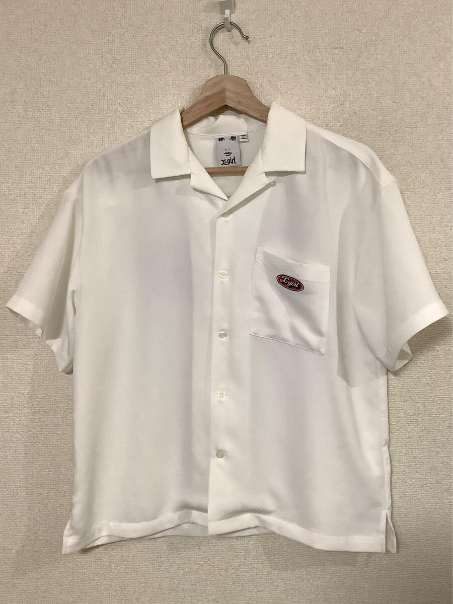 X-girl エックスガール ロゴ刺繍 半袖ボーリングシャツ ホワイト カジュアル ストリート レディース 古着 1拍卖