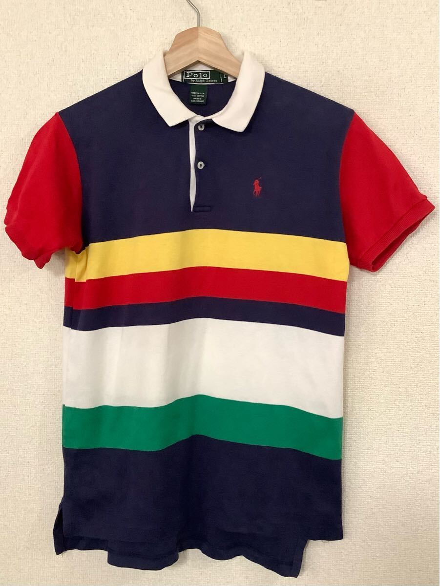 POLO RALPH LAUREN ラルフローレン USA製 ボーダー柄 半袖ポロシャツ ボーイズ ビンテージ セレクト 子供服 古着 L拍卖