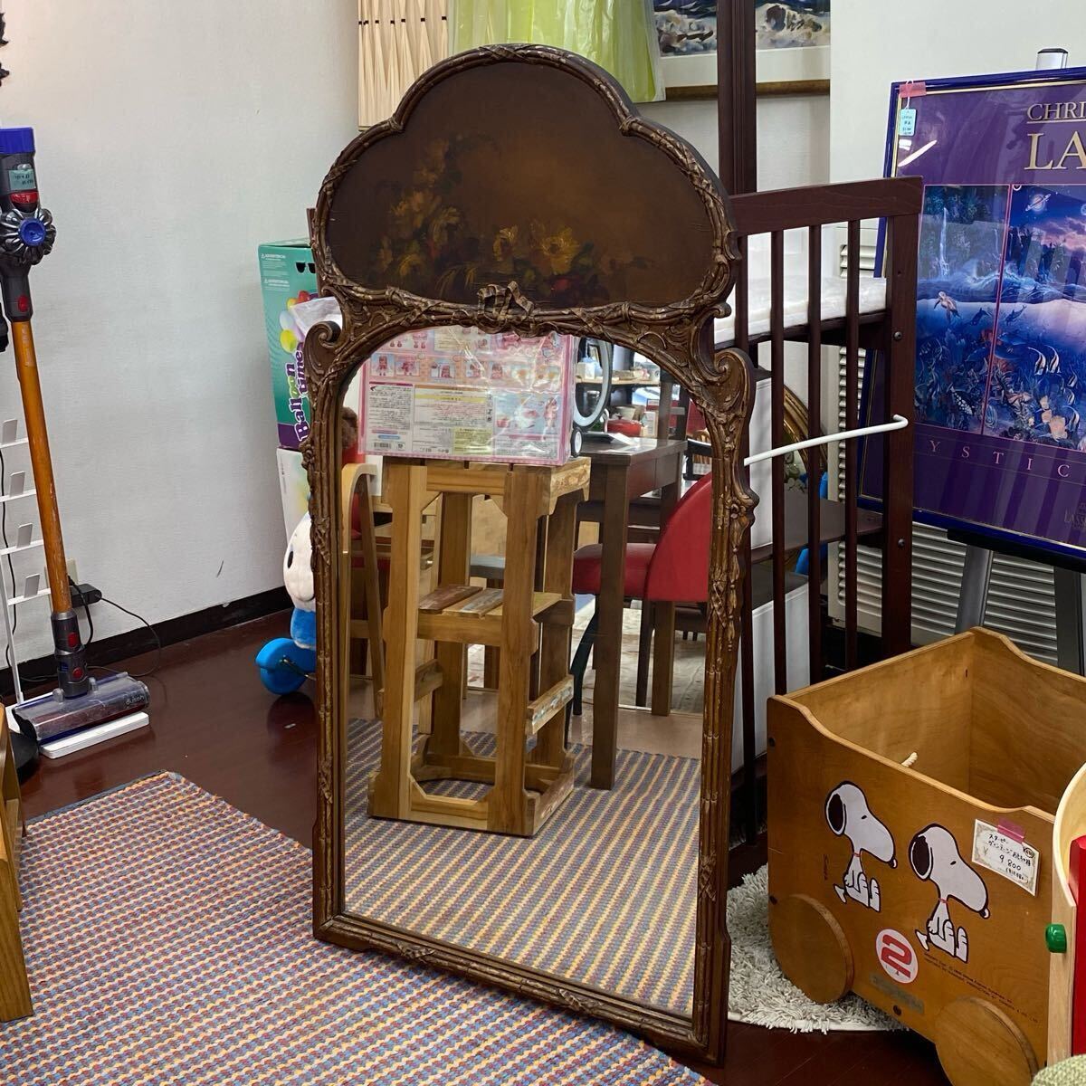 現状品 ハンドペイント 木彫り ヴィンテージミラー 鏡 姿見 木製 649拍卖