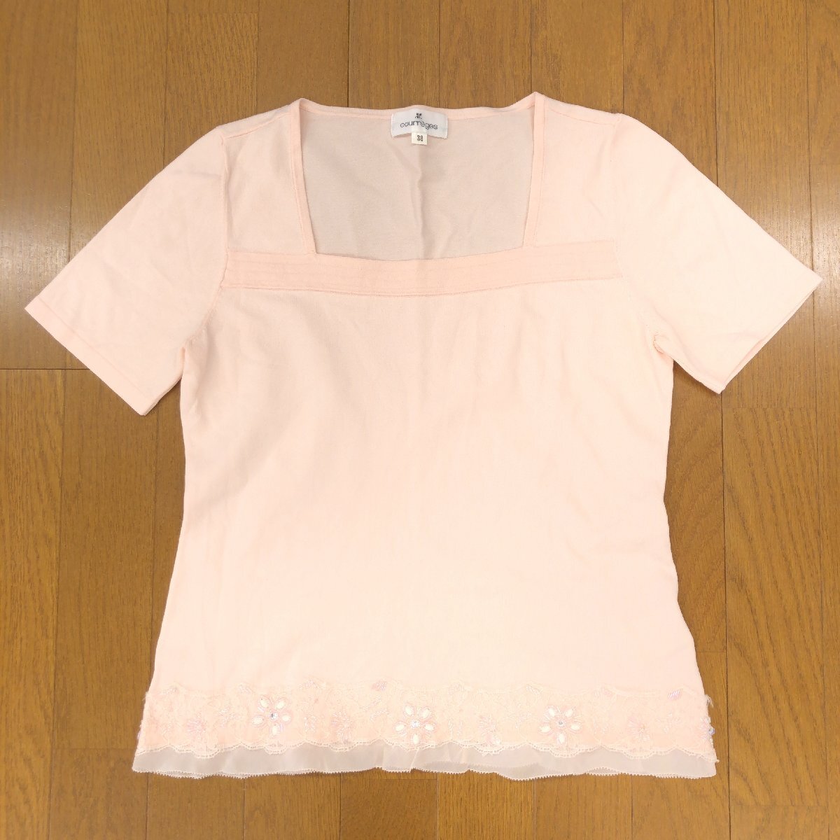 Courreges クレージュ ビジューレース装飾 スクエアネック サマーニット セーター 38(M) ベビーピンク カットソー Tシャツ レディース拍卖