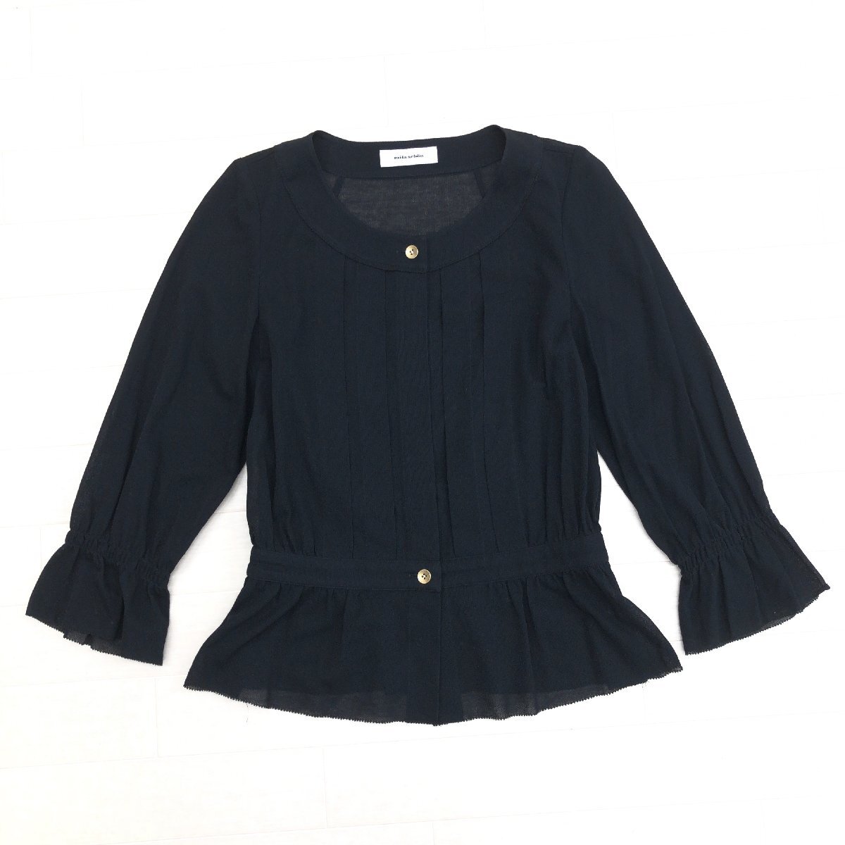 美品 mila schon ミラショーン シアー ノーカラージャケット 42(XL相当) 黒 ブラック 七分袖 カーディガン ゆったり 大きい 2L LL 日本製拍卖