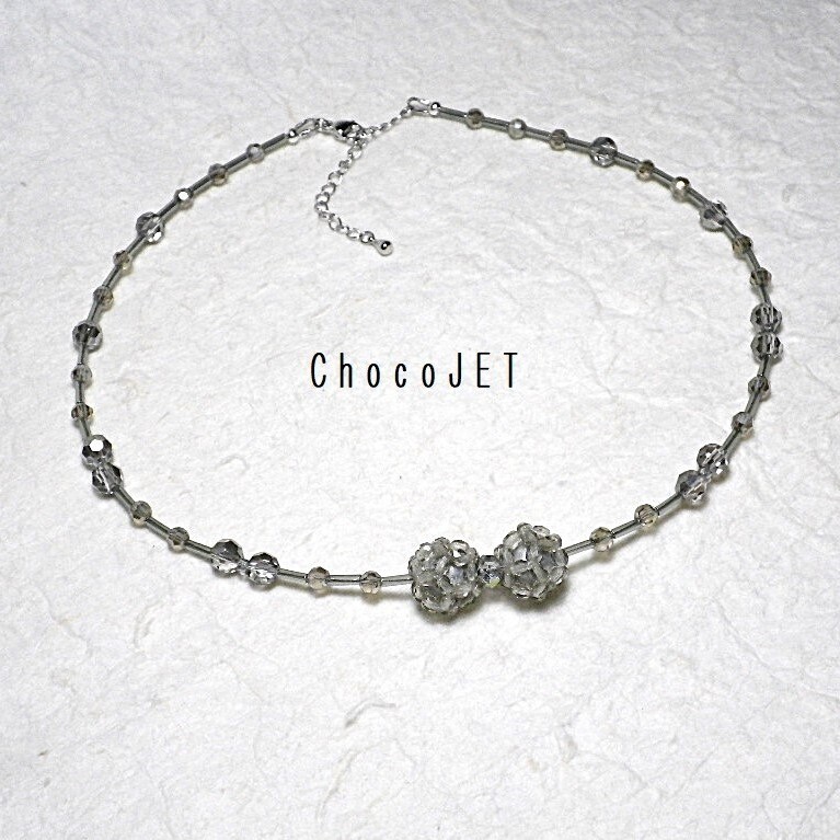 リボンビーズボール・チョーカーネックレス チェコグレービーズ くす玉丸玉灰色 拍卖