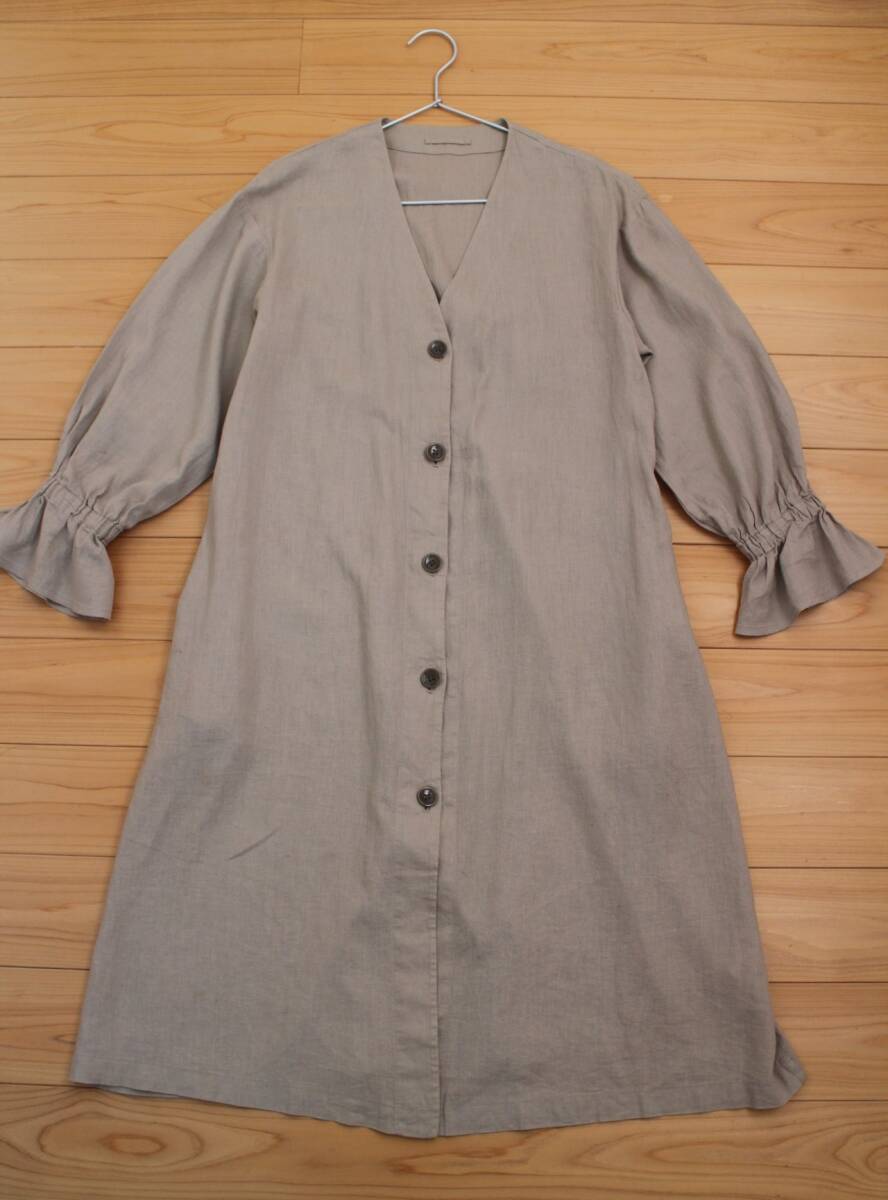 【賢くおしゃれ♪】*GU ジーユー*今旬きれい品ある装いリネンブレンドフロントボタンノーカラーコート ベージュS レディース ガウン人気拍卖