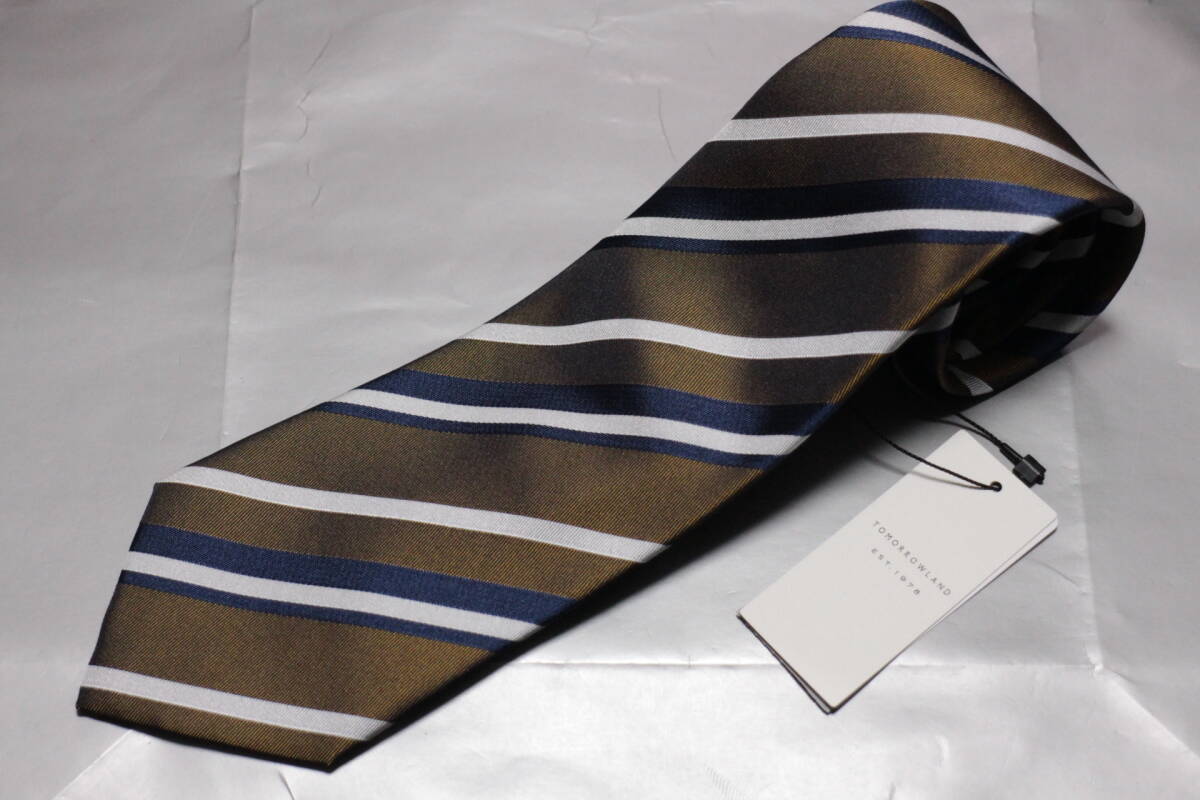 ステファノビジ*トゥモローランド別注新品ネクタイ超艶華麗ベージュ*ブルー*ホワイトレジメンタル極上カスミ織フルハンドメイド拍卖