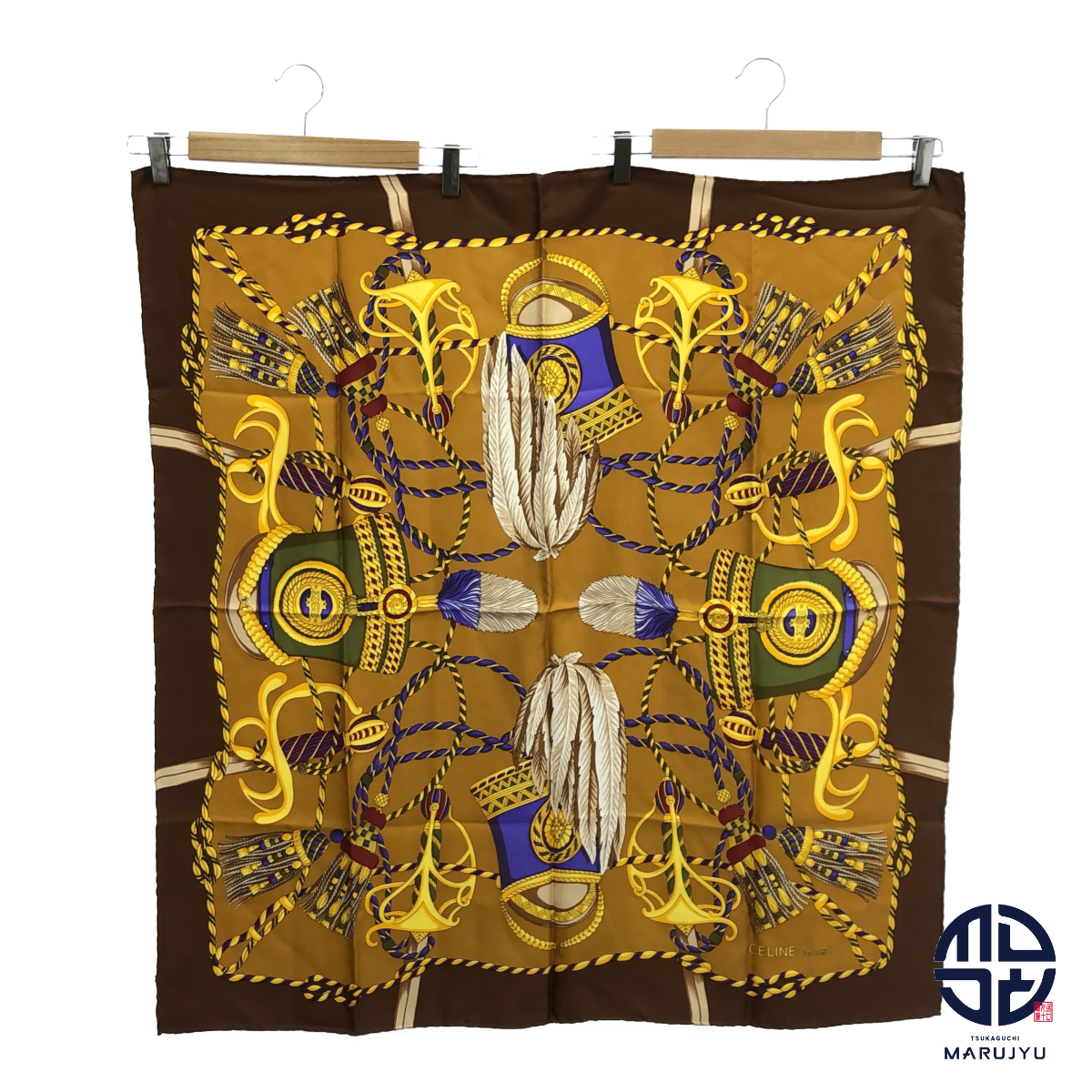 CELINE セリーヌ 茶系 ブラウン ゴールド シルク 大判 スカーフ ファッション 小物 ブランド ※ポスト投稿でのご発送になります。拍卖