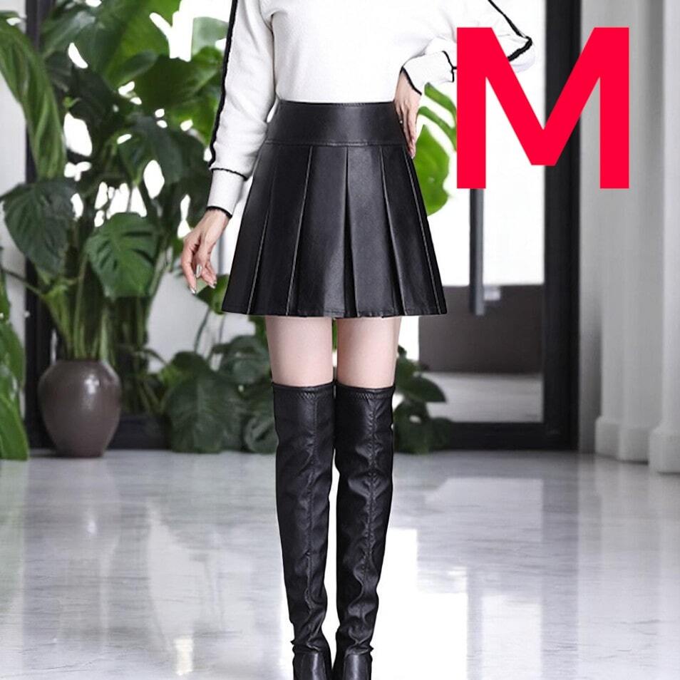 ◆ レザー ミニスカート プリーツ 合皮 レザースカート レディース Mサイズ ブラック拍卖
