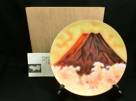 エマイユ七宝 赤富士 丸形 飾り皿 飾皿 高さ3×径30cm 木箱付 経年保管 中古 ■拍卖